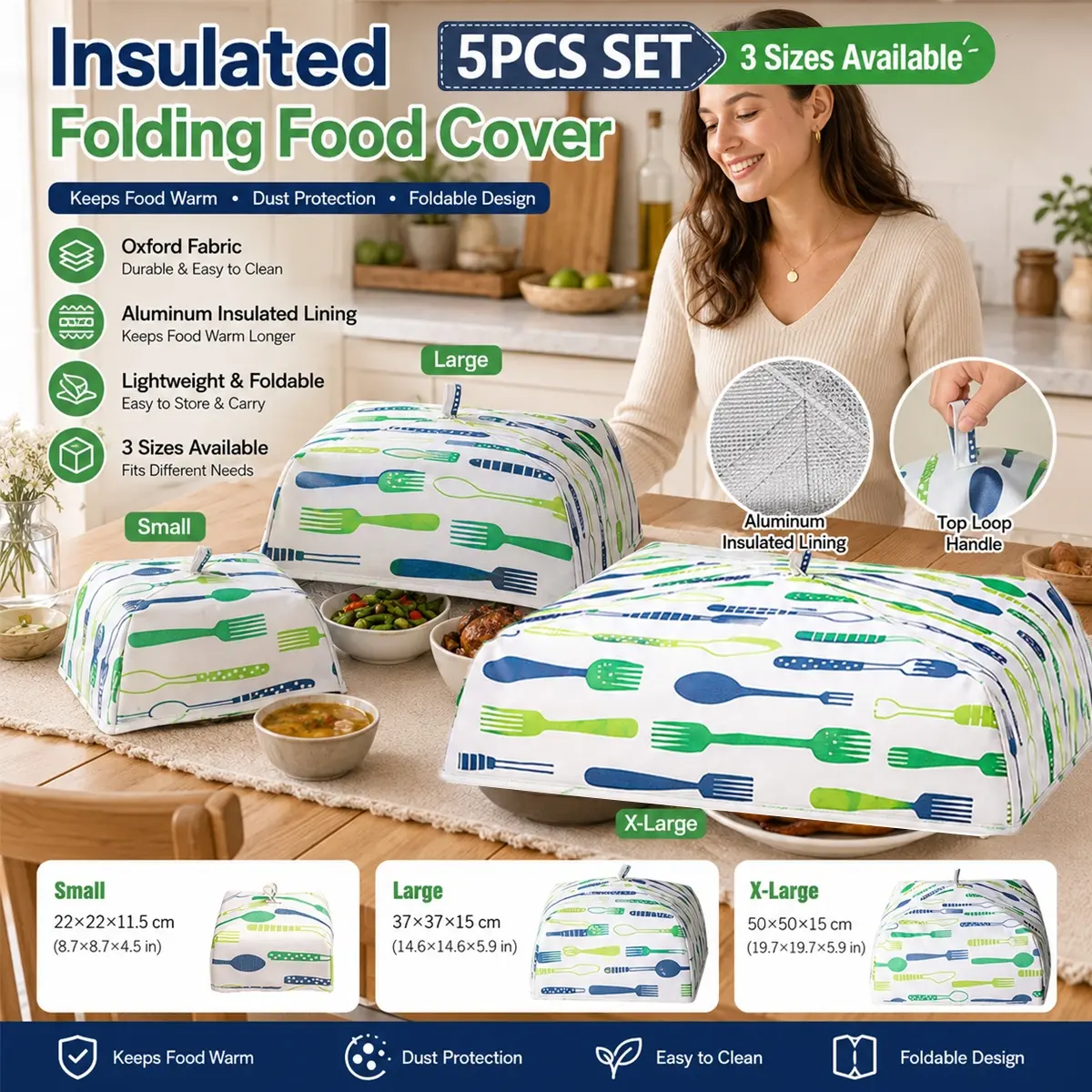 5PCS Foldable Insulated Food Covers, Green Cutlery Print Aluminum Foil Fabric Thermal Food Tent Set, Collapsible Plate Covers in Small, Large Sizes, for Kitchen Table, Picnic, Outdoor Dining, BBQ, Parties, Home Kitchen Use, and Daily Food Protection