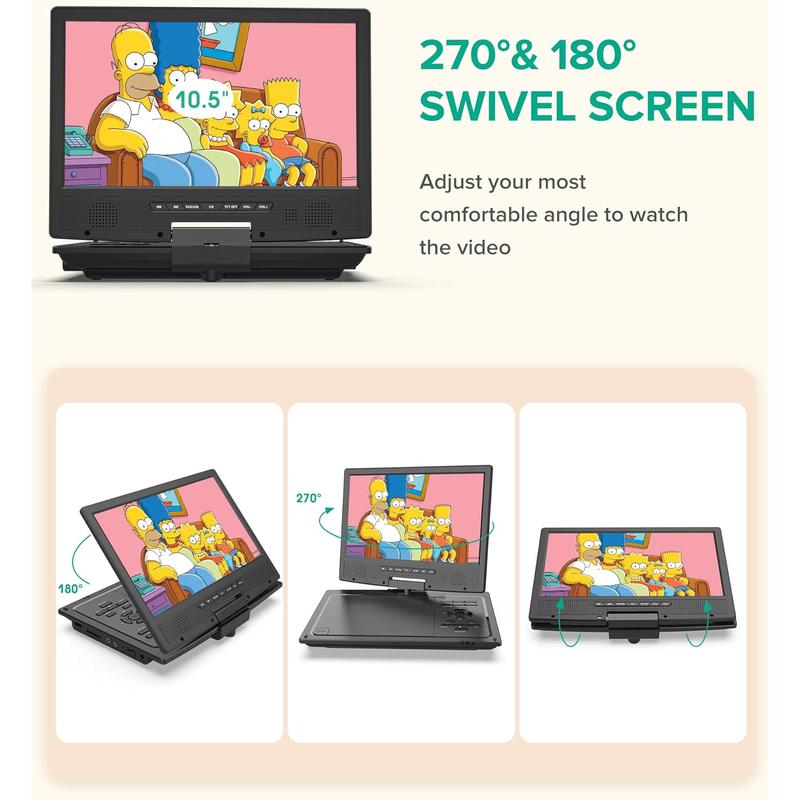 12.5" Portable DVD Player  Headrest Video Player with 10.5" Swivel Screen, 5-Hours Rechargeable ,  Headrest Holder, Dual Speakers, Support USB/SD Card/Sync TV, All Regions