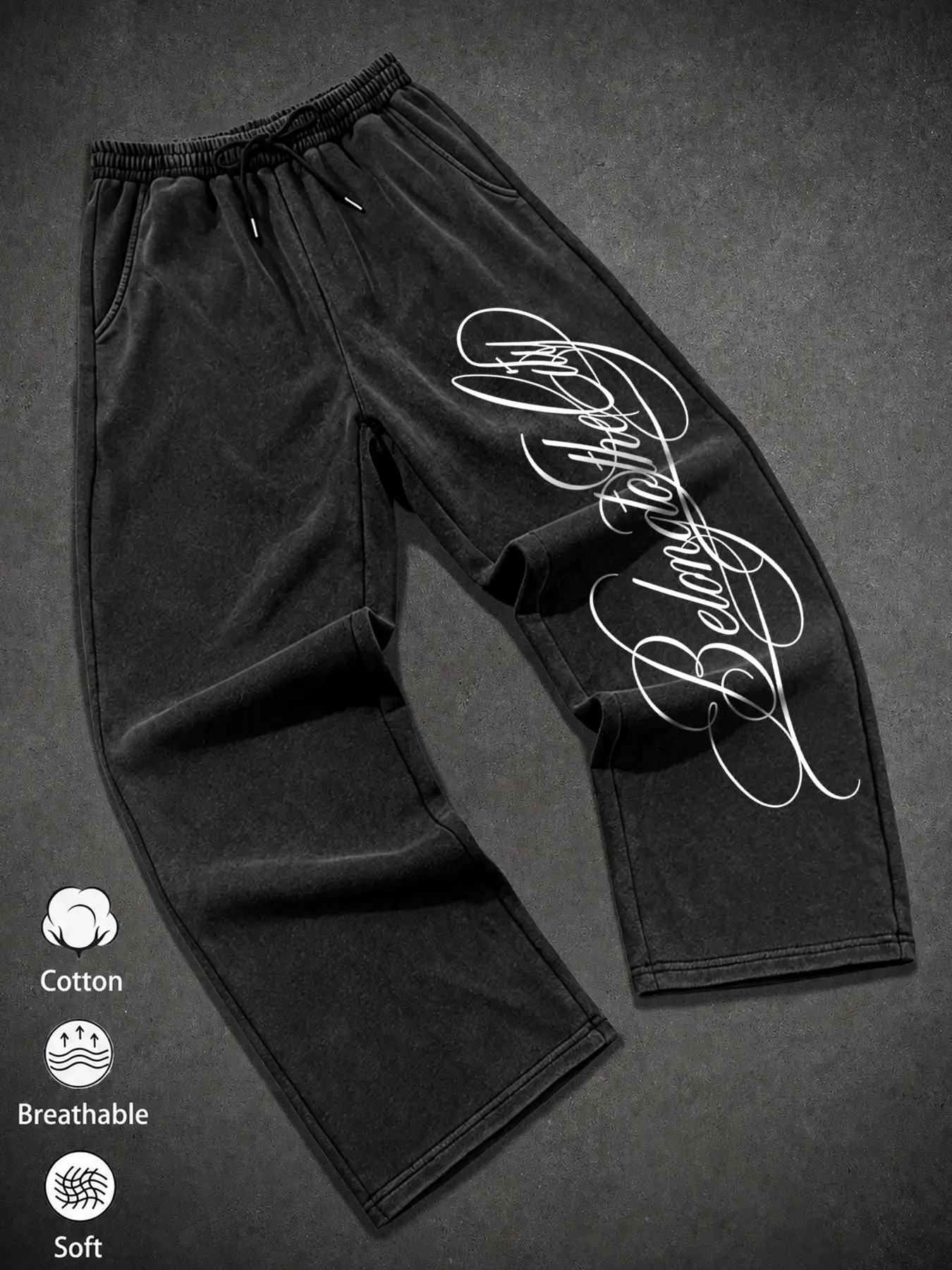 Men's Washed Black Wide-Leg Sweatpants | Y2K Script Graphic Loose Joggers | Breathable Soft Cotton Streetwear Lounge Pants