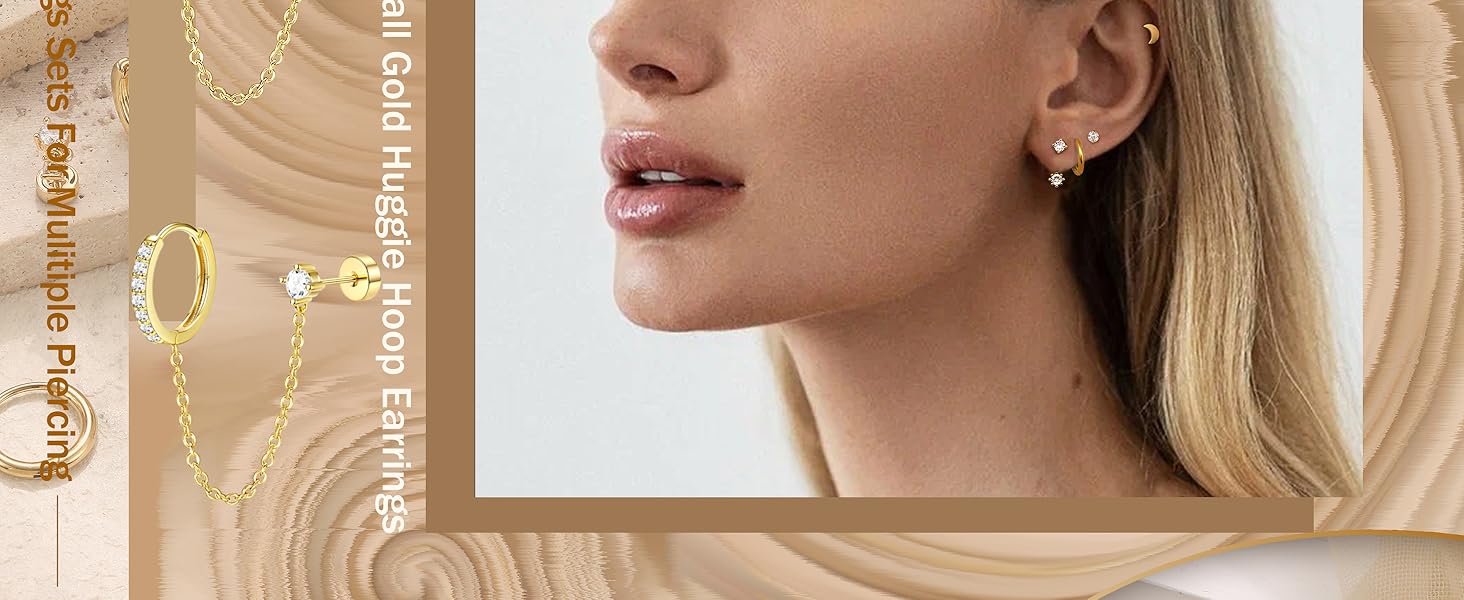 Florideco Small Gold Earrings for Women Hypoallergenic 20G Surgical Stainless Steel Flat Back Stud Earrings Dainty Stackable Earring Stacks Hoop Cartilage Earring Sets for Multiple Piercing