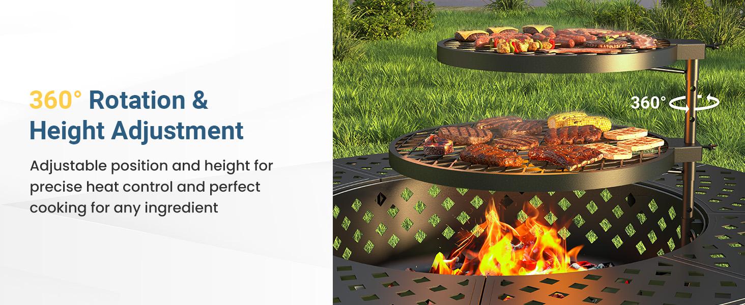 Royalcraft 43'' Fire Pit with 2 Grills, Outdoor Wood Burning Fireplace with Lid and Fire Poker, BBQ & Bonfire & Round Metal Table 3 in 1 for Patio, Backyard, Garden, Black