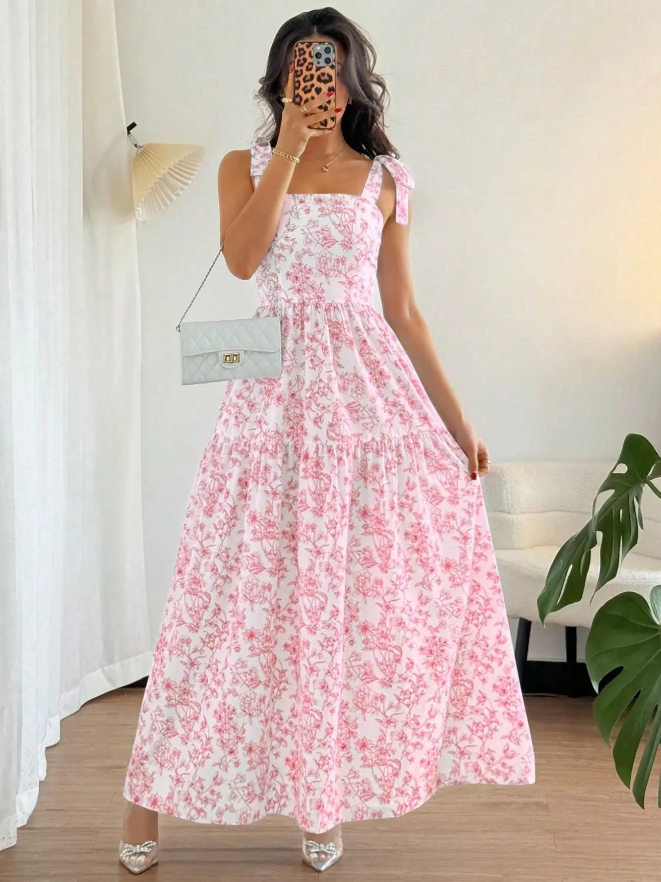 Women's New French Casual Boho Elegant Ditsy Floral Summer Long Dress, Sleeveless Ruched Lace Hem Holiday Date Gown, Women's Vacation Dress, Boho Summer Dresses, Holiday, Dating