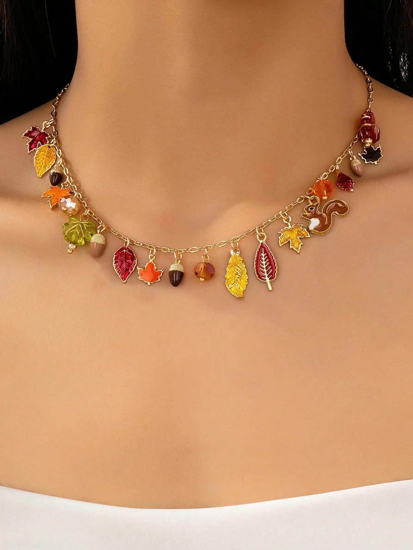 1 Pc Autumn Charm Necklace for Women, Enamel Squirrel Acorn Multi Color Maple Leaf Charms Beads Fall Jewelry Thanksgiving Gift for Her