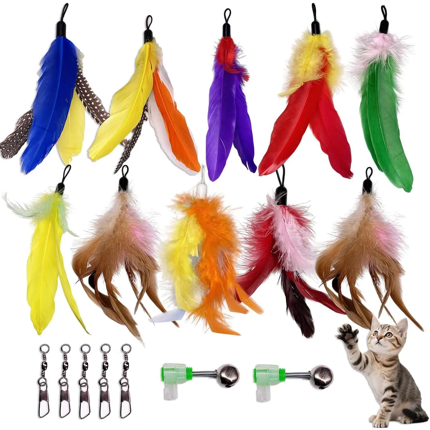 10 count    Refills, Wand  Feathers Toys with Clip & Removable ,Wand Attachment  Toys for Indoor Cats (10 Pcs Feathers)
