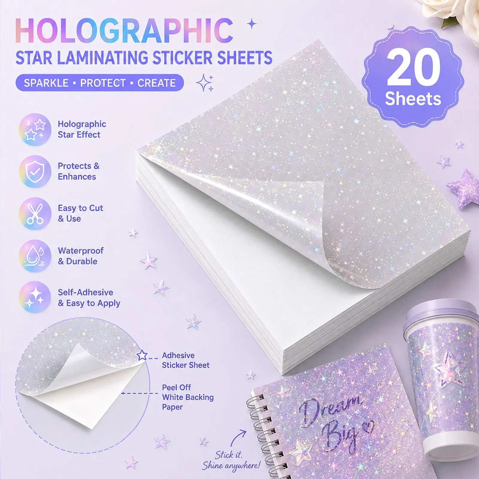 20-Pack A4 Star Holographic Laminating Sheets, Self-Adhesive Waterproof Clear Film, Ideal for Photos, Labels, Book Covers, DIY Projects