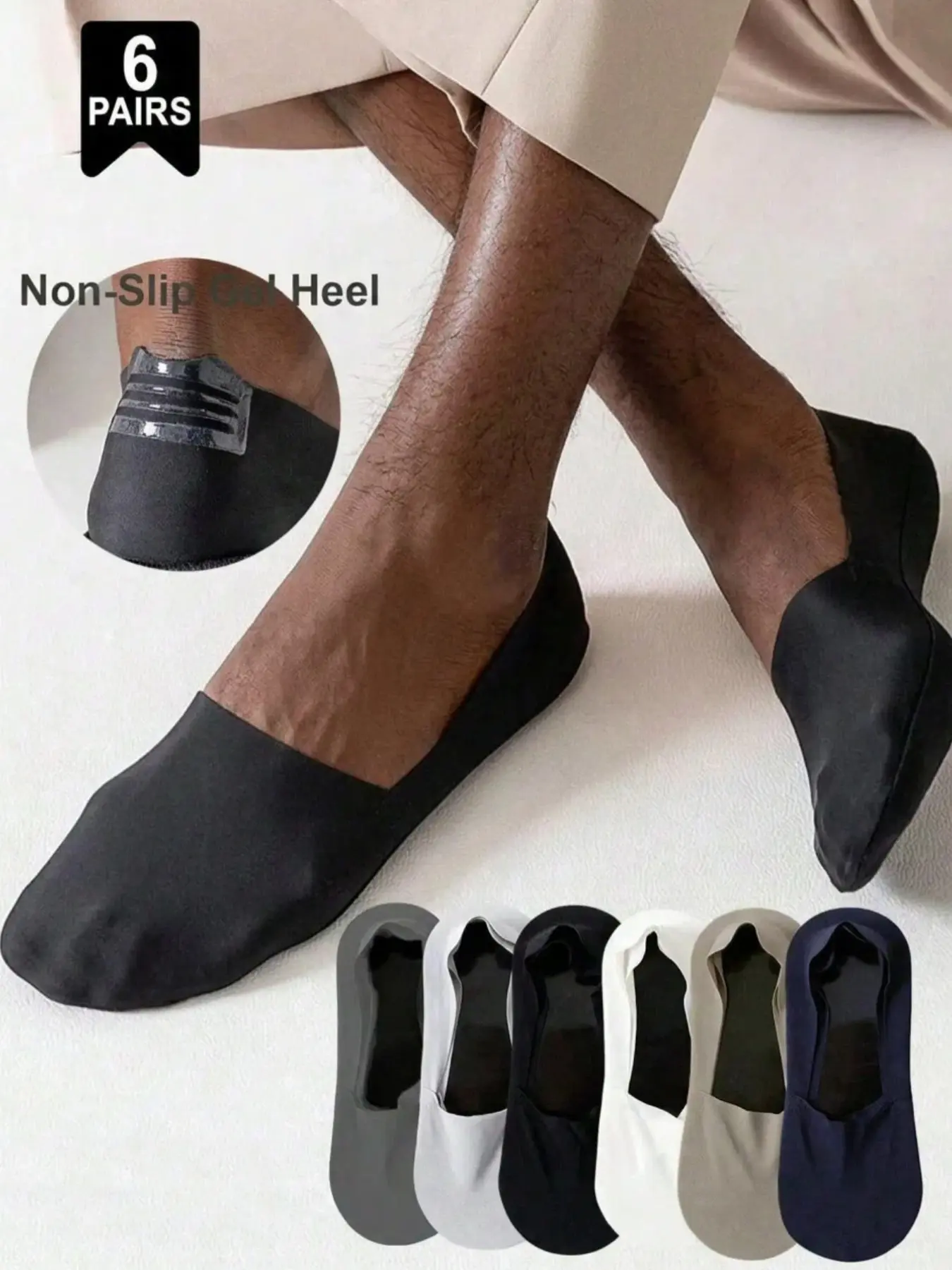 6-Pair Pack of Men's Ultra-Thin Invisible Ankle Socks, Short Socks, Cool-Touch Socks, Casual Comfy Socks, Silicone Anti-Slip Business Shoe Socks Set (Prevents Heel Slippage), Black, White, Gray, and Other Colors, Low-Cut, Breathable Everyday Socks