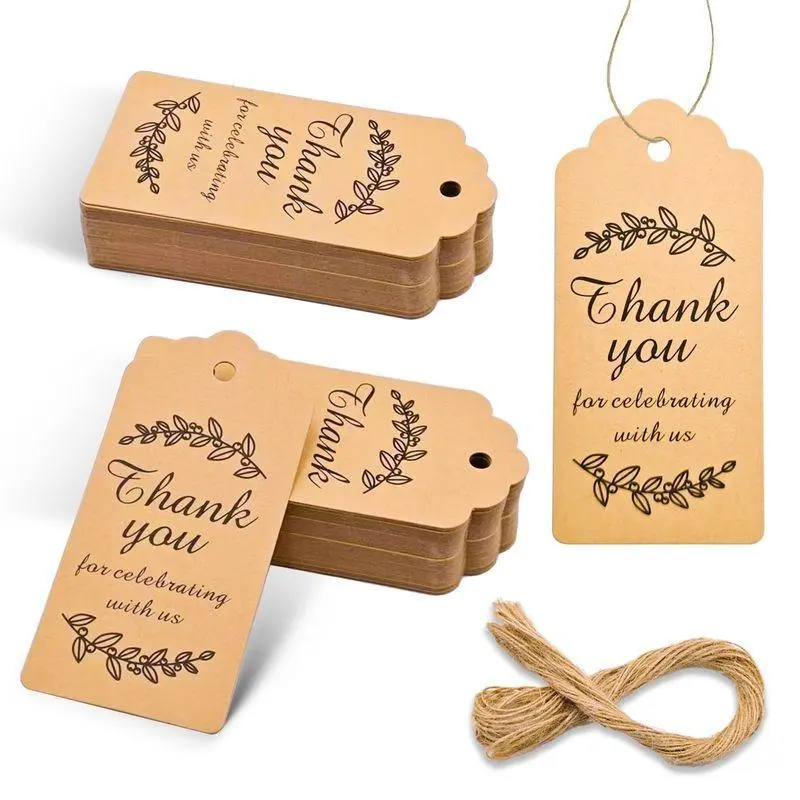 100 Pcs Thank You Tags, Kraft Paper Gift Tags with Hanging Strings, Perfect for Weddings & Bridal Showers