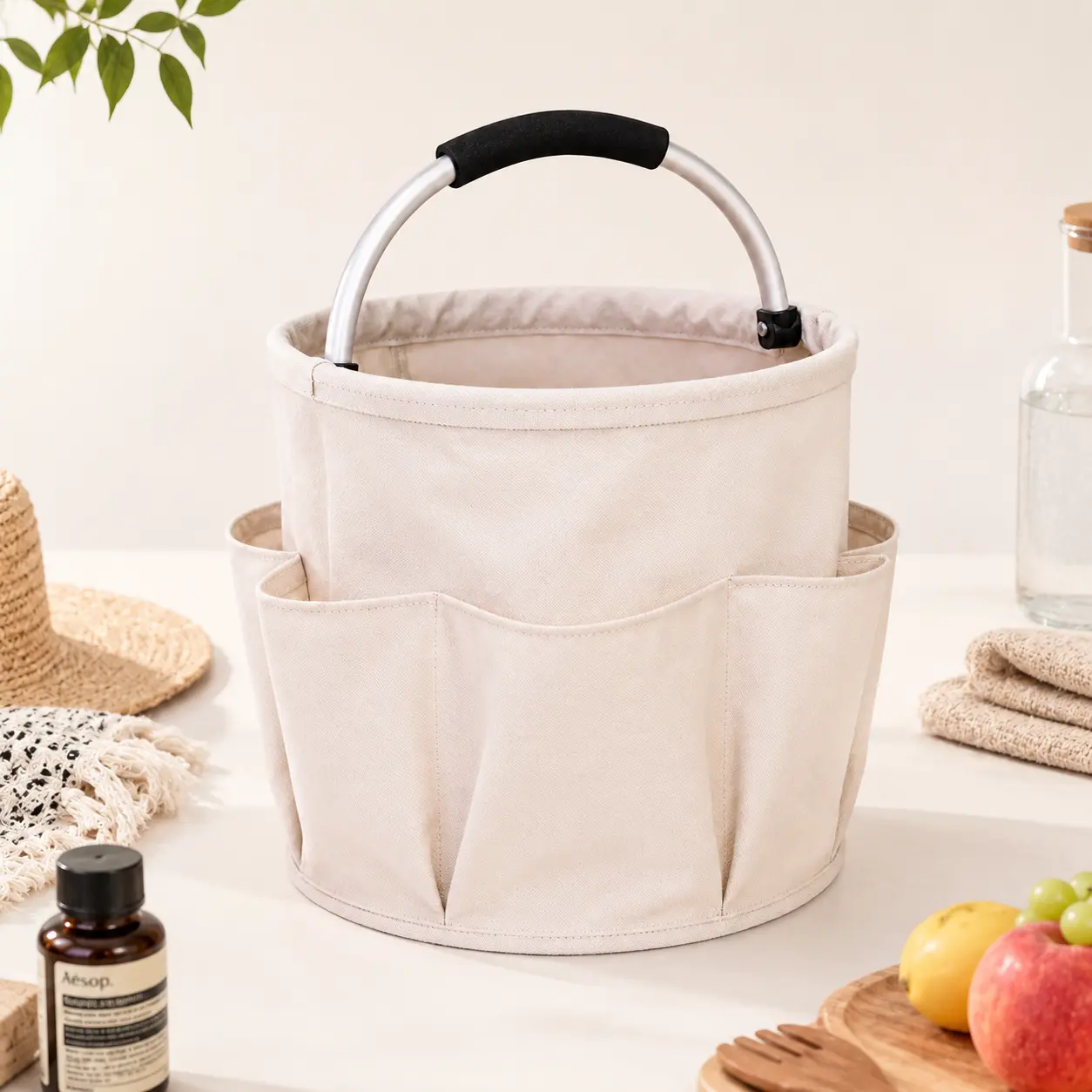 16L Lightweight Collapsible Bucket, Household Foldable Canvas Cleaning Caddy with Handle, 6 Outer Pockets & Organiser Compartment for Home, Garden Use