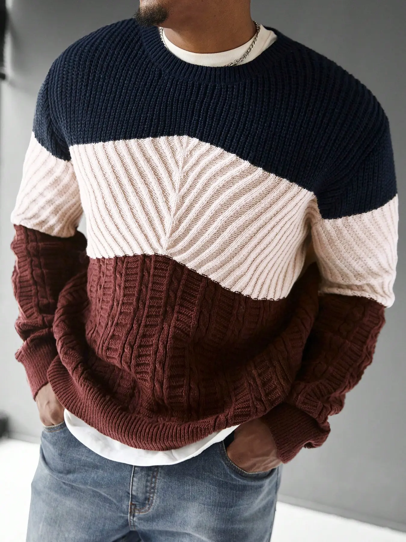 Men's Color block Round Neck Cable Knit Sweater, Regular Fit Casual Long Sleeve Crew Neck Jumper for Fall & Winter, Fashion Men's Knitwear for Daily Wear, Menswear