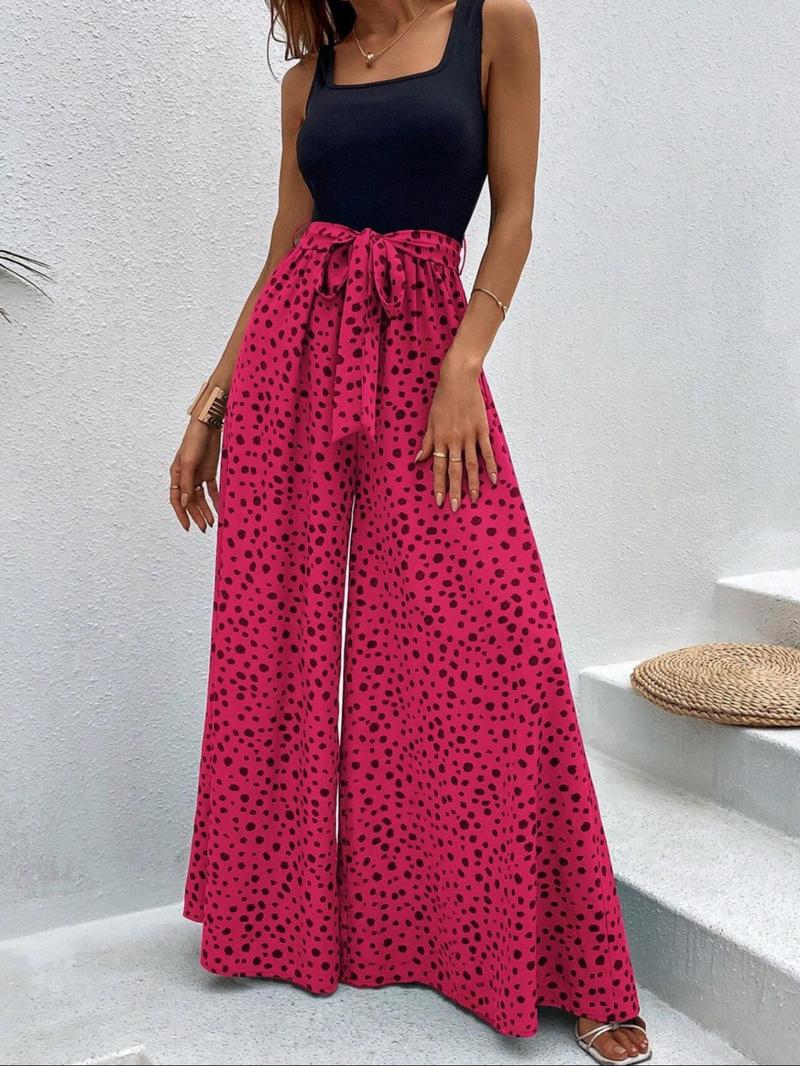 Women's Leopard Print Belted Wide Leg Jumpsuit, Casual Sleeveless Jumpsuit for Summer, Women's Jumpsuit for Daily Wear