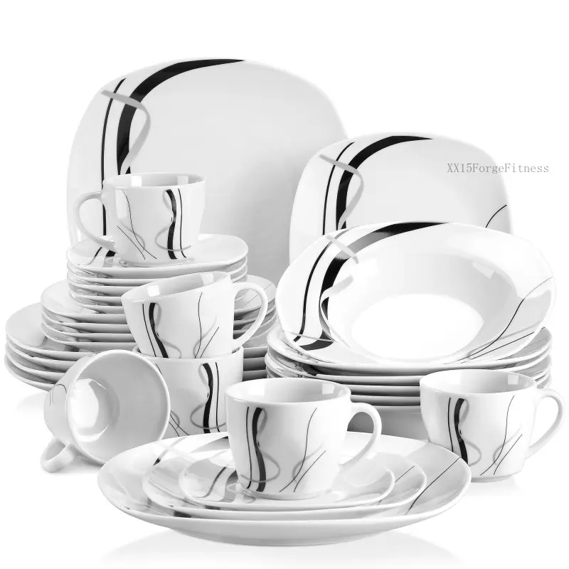 Series Fiona, 18/24/30-Piece Classic Dinnerware Sets for 6, White Dishes Set with Black and Gray Stripes, Porcelain Dinner Set Including Dessert Plates, Soup Plates, Dinner Plates, Cups & SaucersXX15ForgeFitness