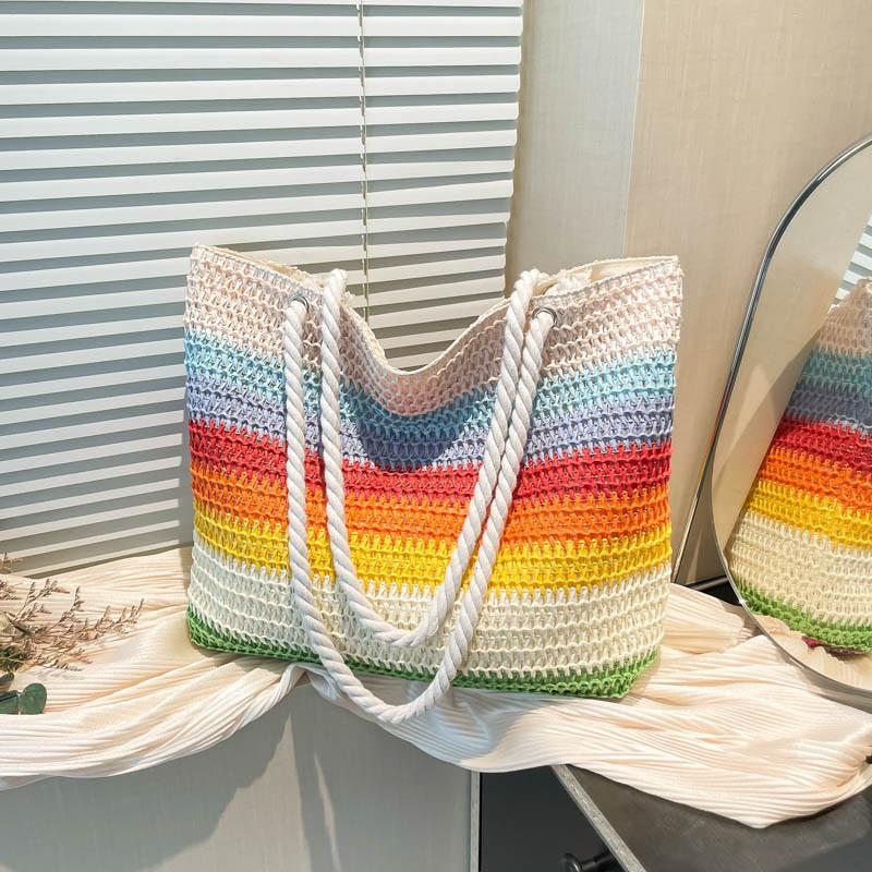 2026 New Women Fashion Shoulder Bag Rainbow Striped Color Block Straw Bag Large Capacity Beach Bag for Vacation