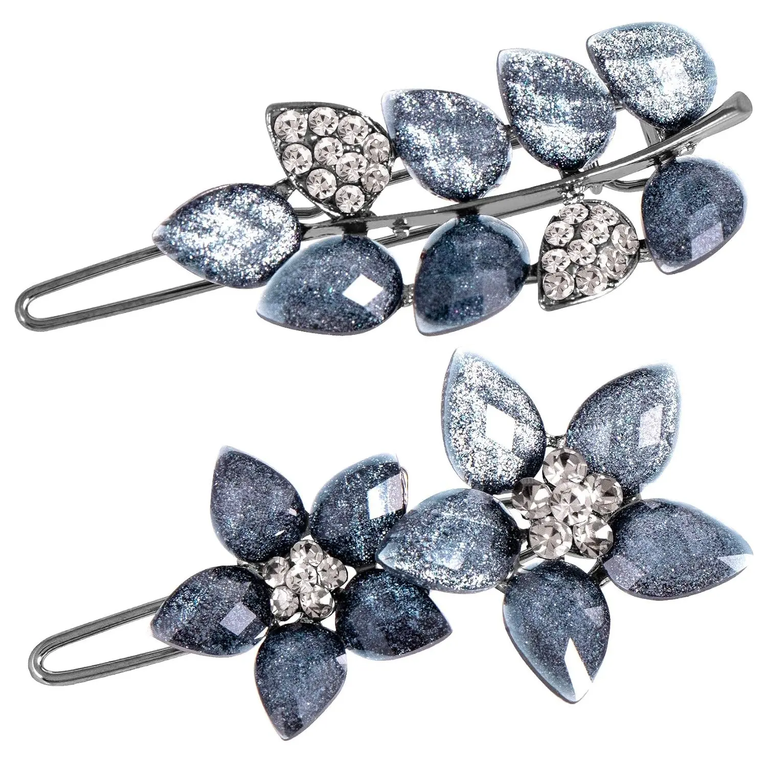 2Pcs 2inch Vintage Rhinestone Hair Clips Ink-Blue Sparkly Crystal Clips Flower Small Hair Barrettes Decorative Wedding Engagement Prom Valentines Hair Accessories for Women Girls Bride