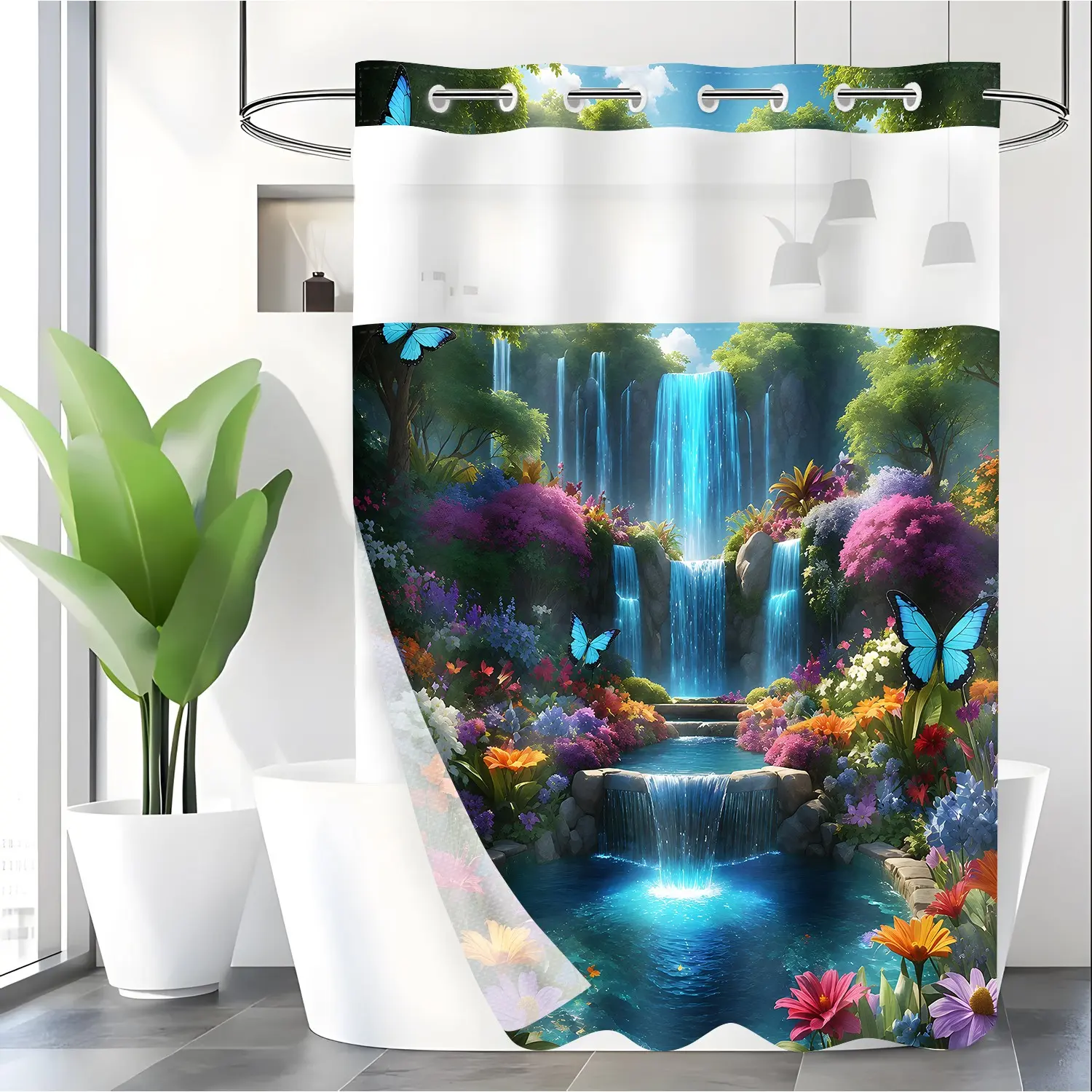 LVRLVR 1pc Dreamy Forest Waterfall Aesthetic Botanical Floral Shower Curtain, Tropical Colorful Flower Blue Butterfly Nature Landscape Print, Sheer Top Window, Detachable Liner & No Hook C-Ring, 70.8" x 74"