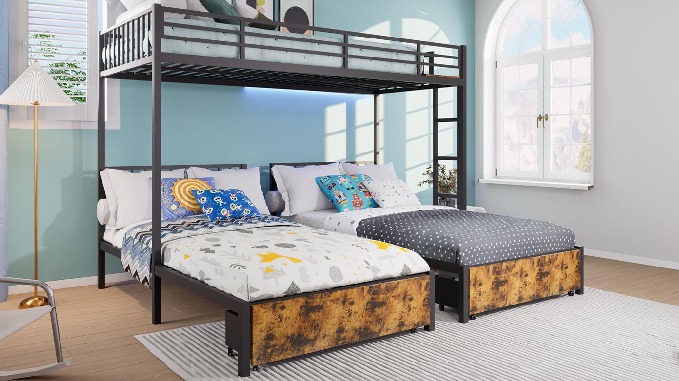 Triple Bunk Bed for 3 Kids, Metal Bunk Bed Frame with 2 Large Drawers and Charging Station, Metal Triple Bunk Beds, Separates Into 3 Twin Beds,Noise Reduced Structure, Black