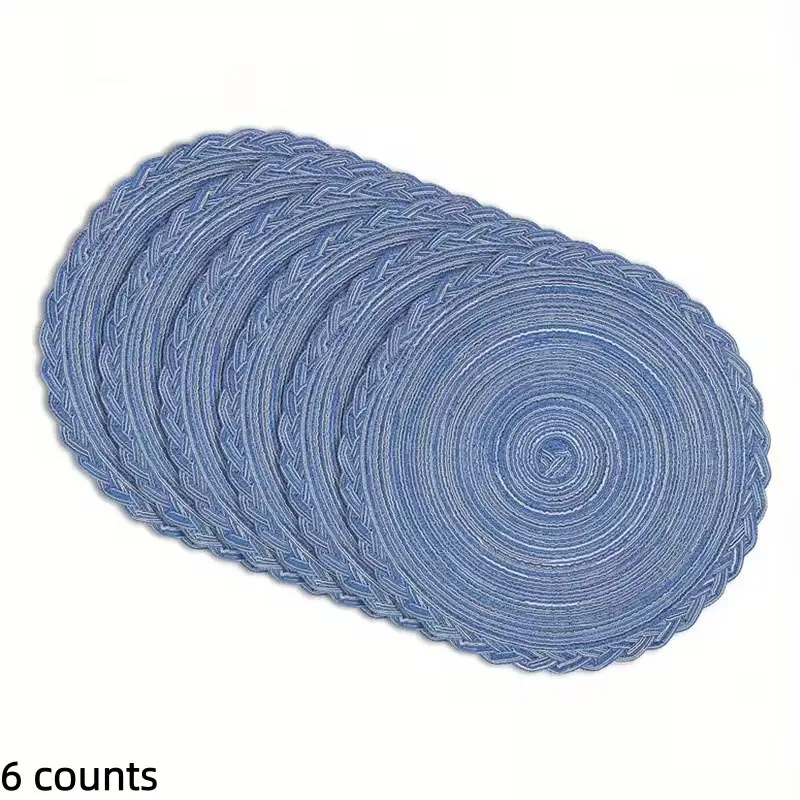 6 Counts Circular Woven Placemat, 11.81 Inch Desktop Companion, Fashionable Kitchen Decoration with Blue Trim, Stylish Table Mat Set