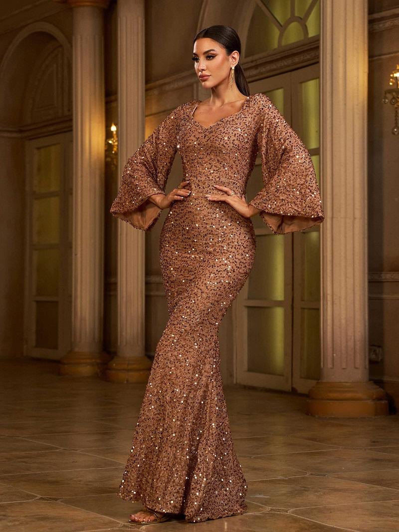 Elegant Sequin Toast Dress Mid-Length Slimming Solid Color V-Neck Evening Dress for Women Long Sleeve Vneck Formal Wear