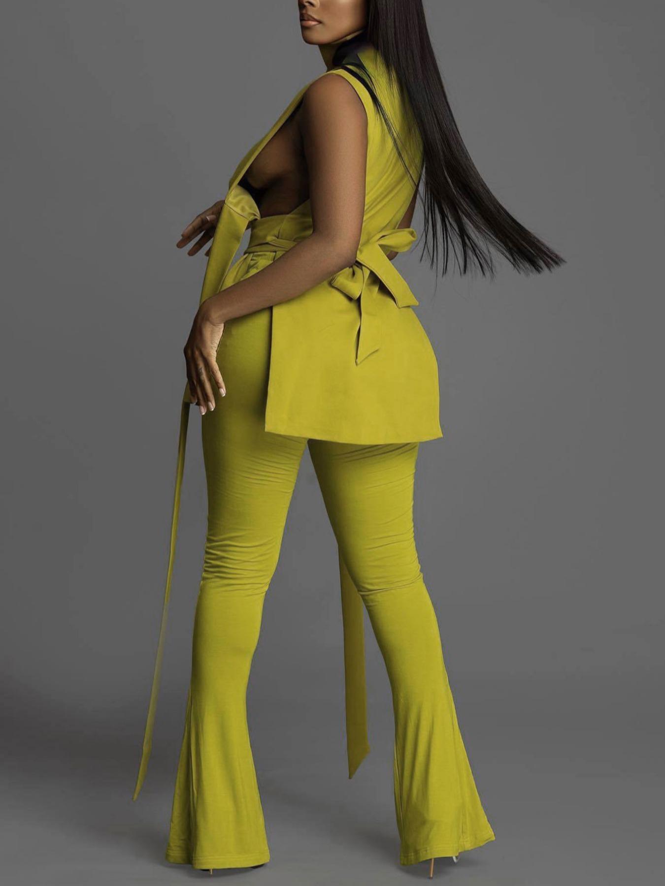 Two-piece Set Women's Pants Set, Solid Ribbed Belted High Neck Tank Top & Wide Leg Pants Set, Casual Sleeveless Ribbon Top & Trousers for Summer, Ladies Clothes for Daily Wear, Casual Lounge Set