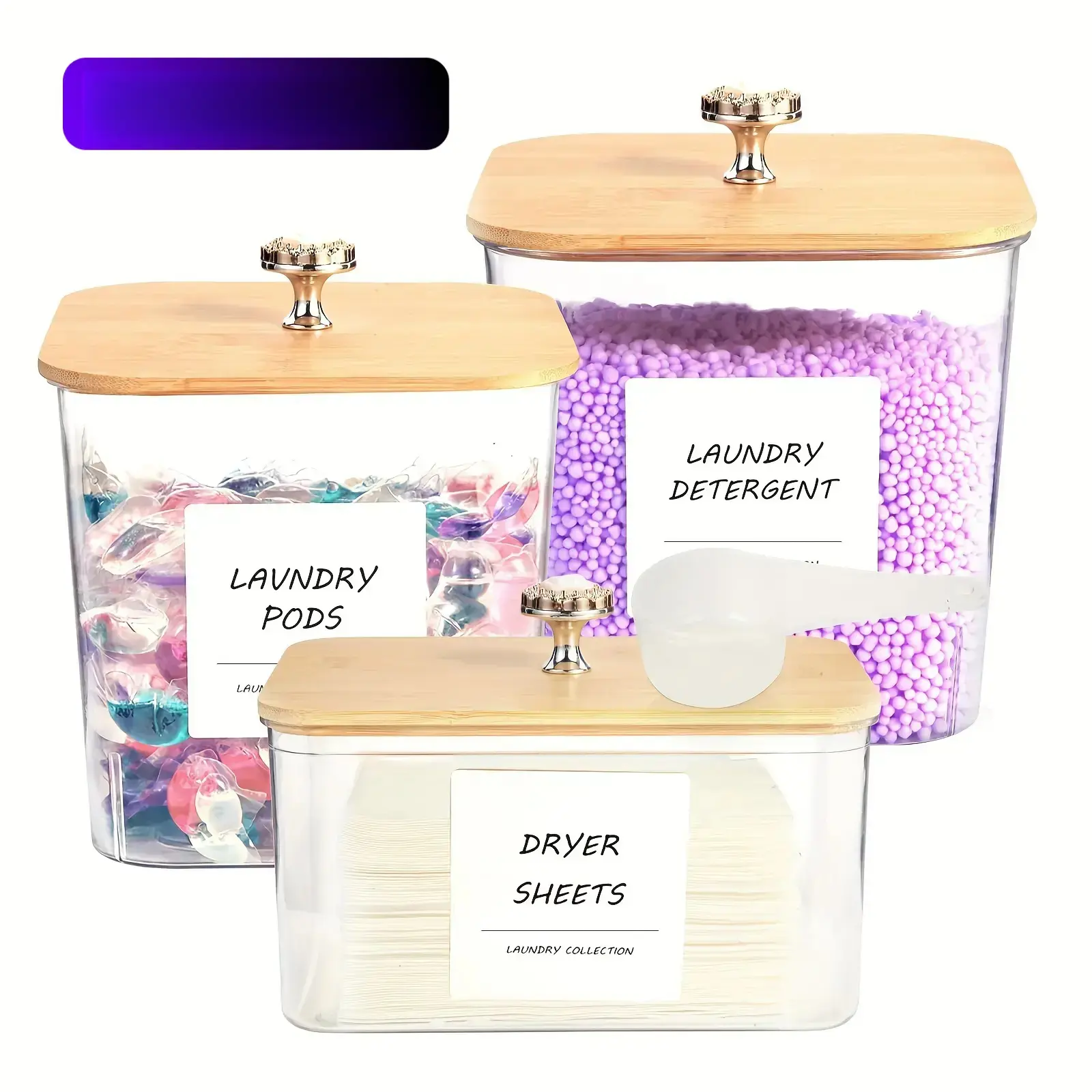 Laundry Room Storage Container Set, Including 3 Clear Laundry Pods Containers, 2 Spoons, Labels & Sheets, Home Organizer for Bathroom, Plastic Canister, Plastic Containers