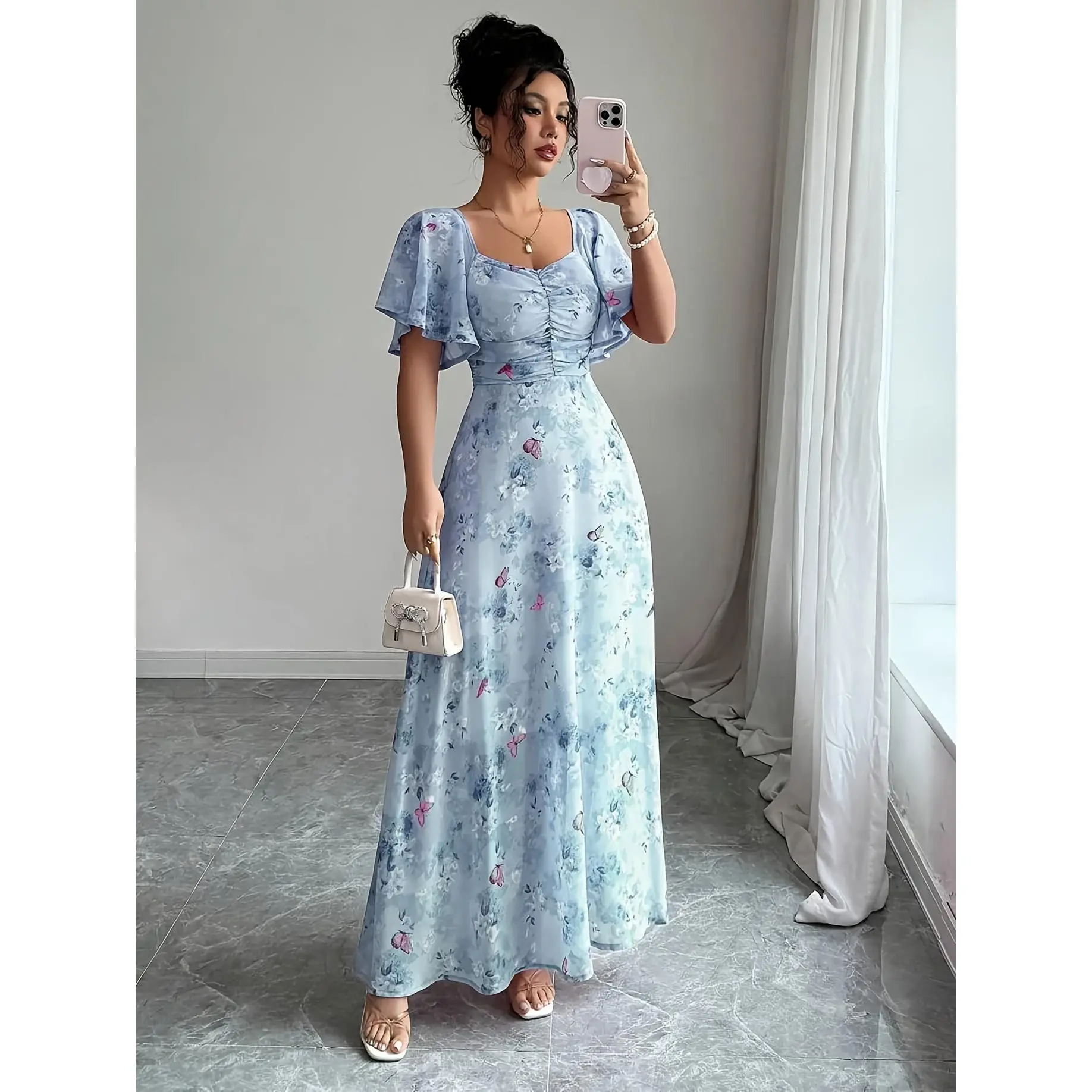 Women's Butterfly Pattern Batwing Sleeve Chiffon Dress, Elegant Korean Autumn Fashion, Women's Autumn Dress, Women's Fall Outfit, Women's Autumn/Winter Dress, Women's Fall Clothing, Women's Dress campingessentials