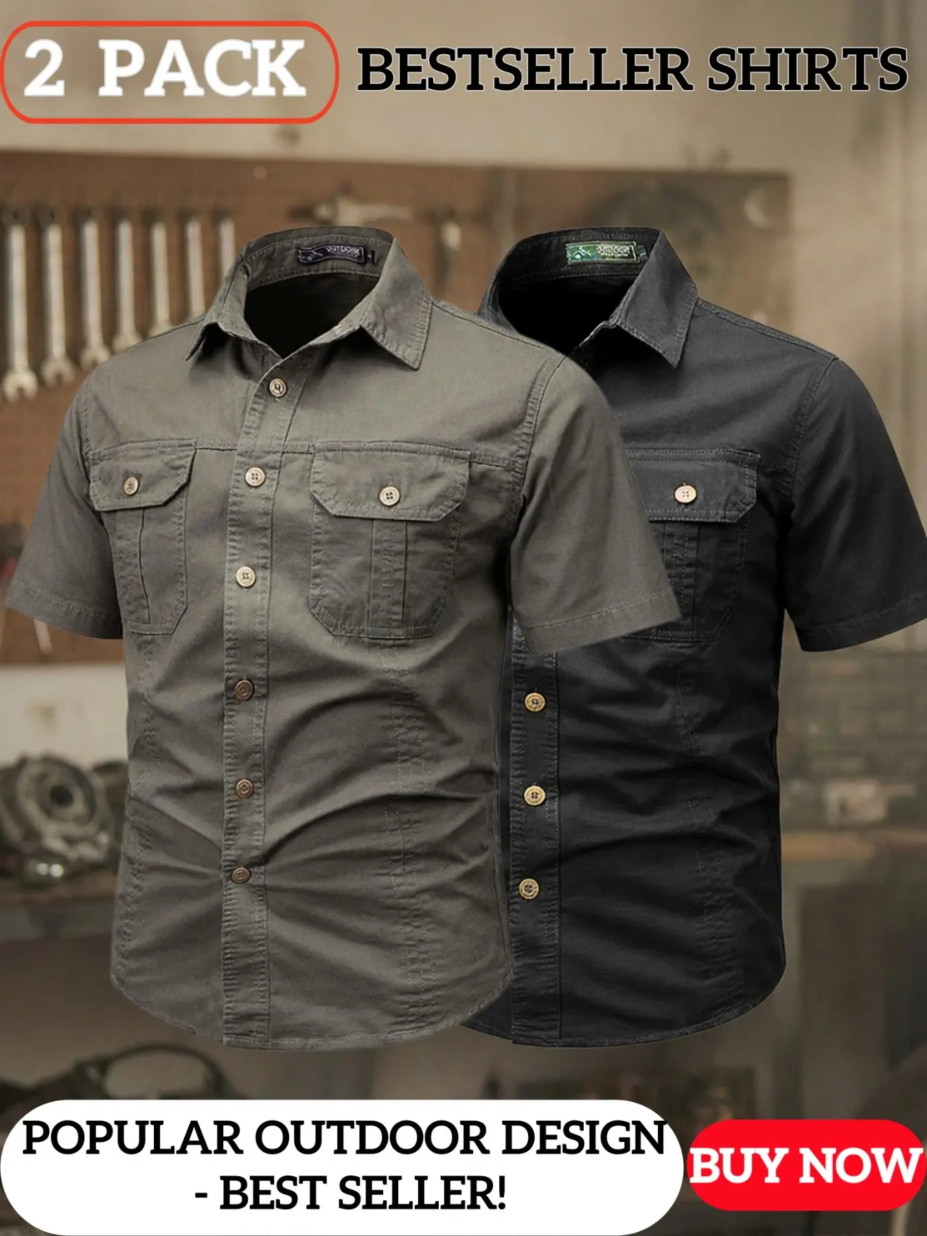 Men's Durable Cotton Short Sleeve Work Shirt, Bestselling Two-Piece Multi-Functional Blouse, Outdoor & Mechanic Job Specialized Workwear