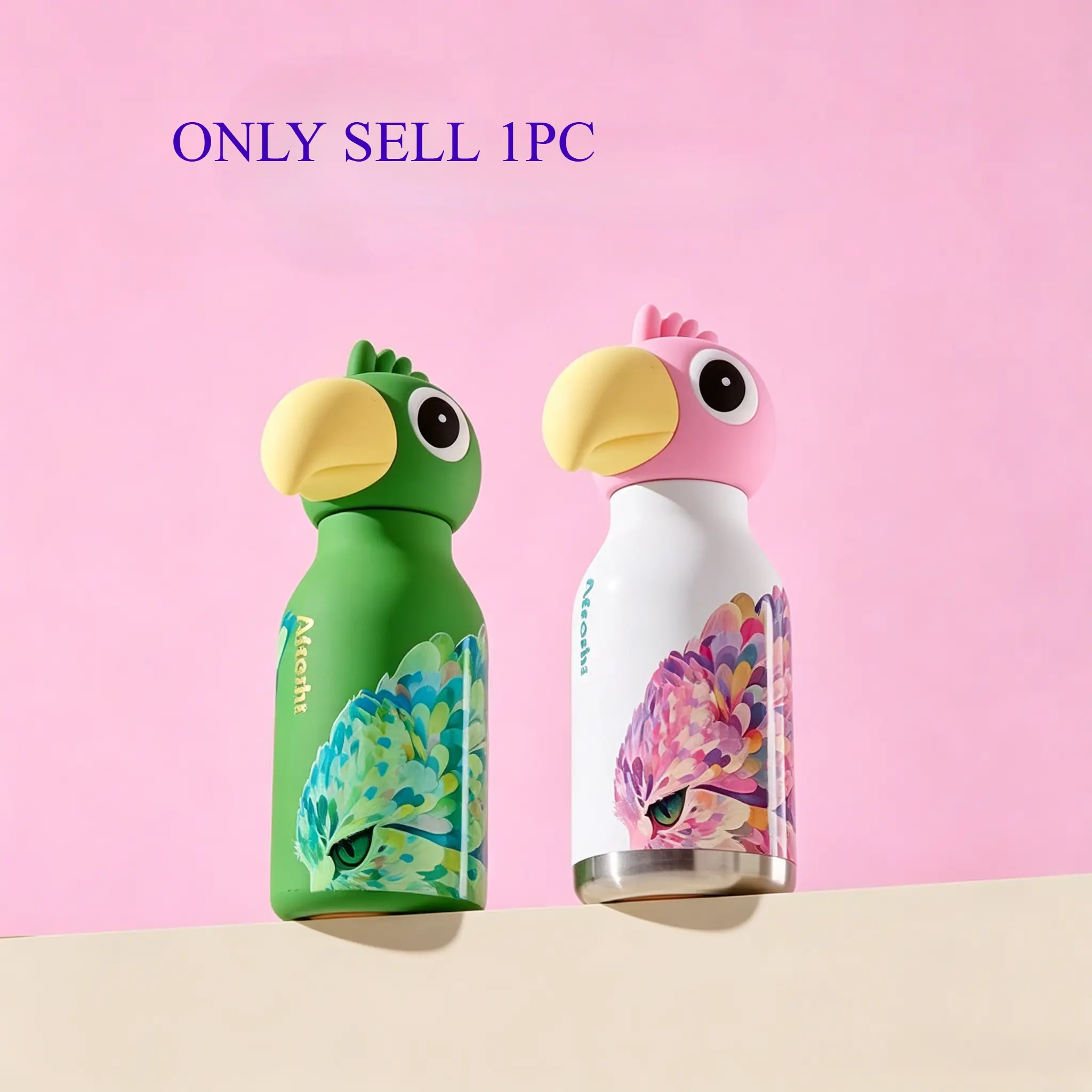 Poeny home girlfriend with the same parrot shape cartoon 3D animal cup 450ML cold insulation stainless steel thermos cup children's water cup student fashion portable sports water cup