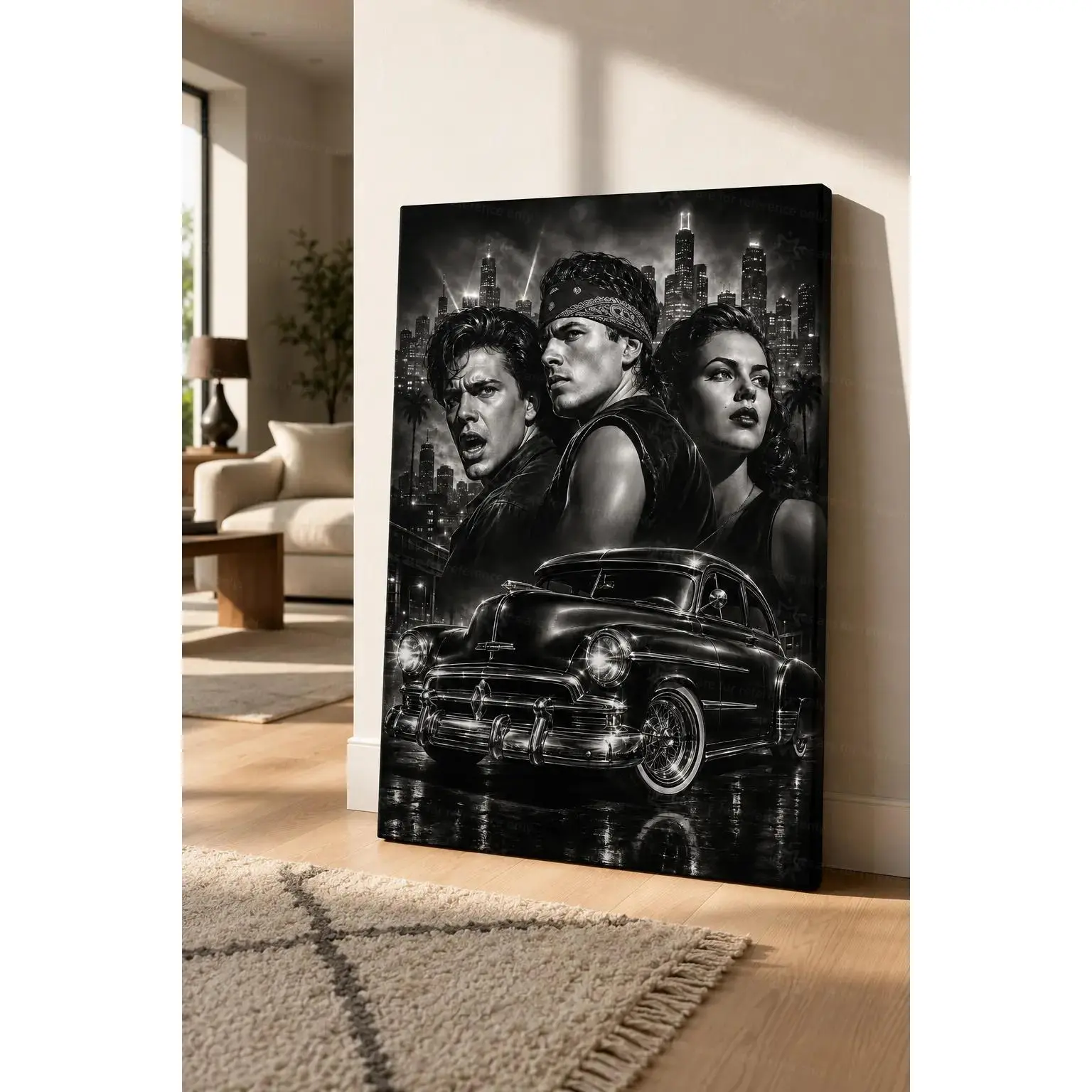 Chicano Vintage Classic Lowrider Car Portrait Poster - Black White Industrial Metallic Artistic Artwork, Retro City Night Scene Canvas Decoration for Living Room, Garage Home Decor