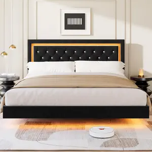 Floating Platform Bed – Smart RGB LED Lights, Upholstered Diamond Headboard, Solid Wood Slats – Noise-Free, No Box Spring, Easy Assembly