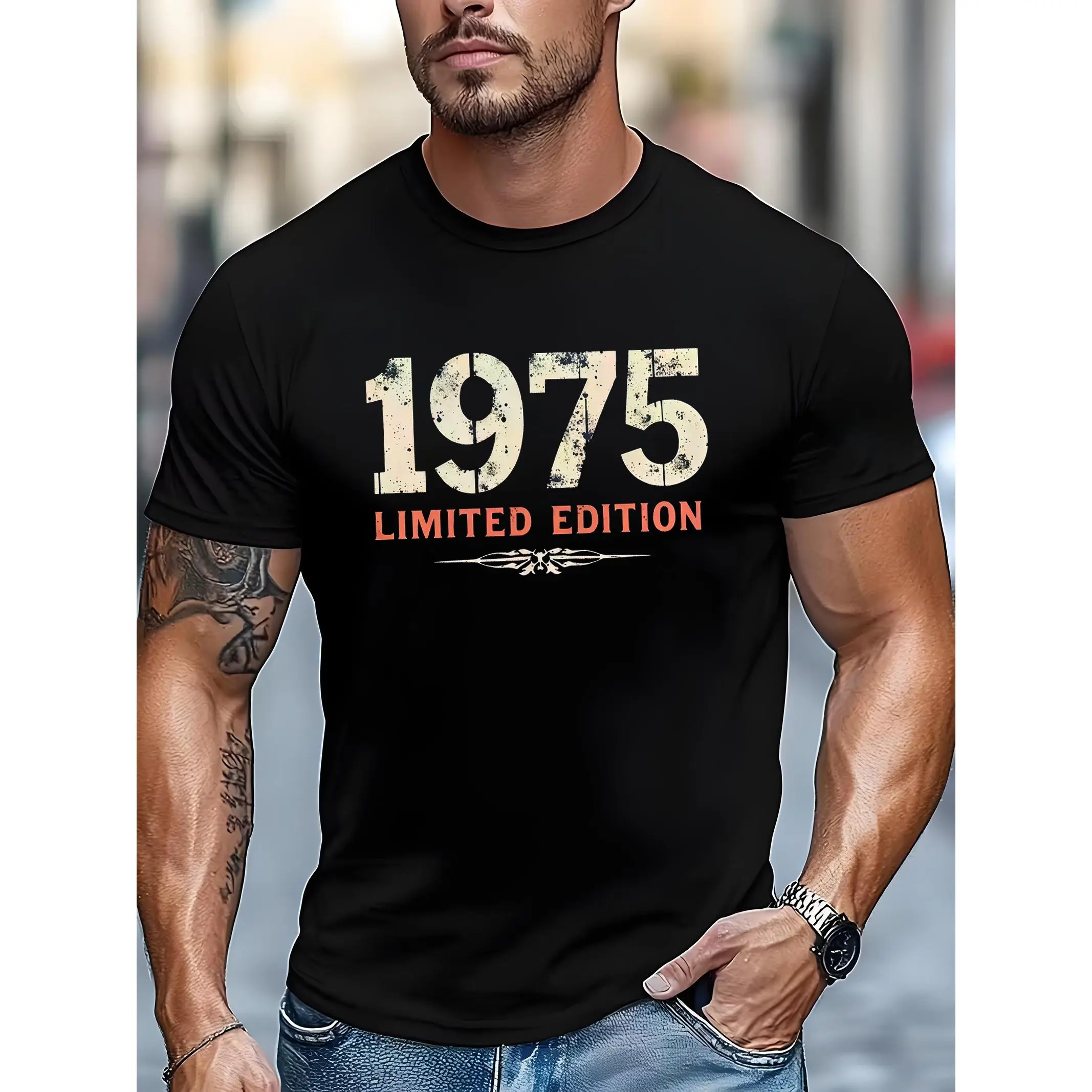 Vintage 1975 Limited Edition Graphic T-Shirt - Vintage Short Sleeves, Soft And Breathable Fabric Ideal For Daily Casual Wear And Themed Events - Essential Vintage Street Style, Themed Party Attire, Summer Clothing, Ribbed Collar Design, Simple