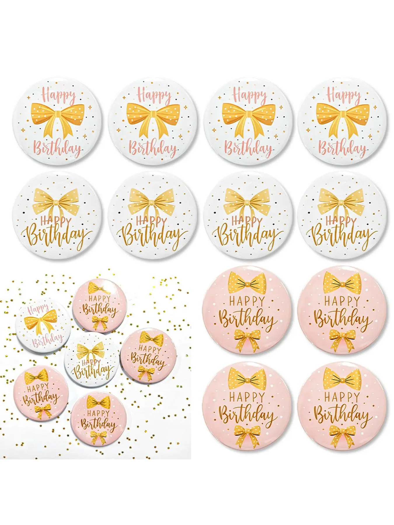 Gold Bow Happy Birthday Pins, Pink White Gentle Girly Party Decor Tin Buttons, Handmade Birthday Themed Brooches for Birthday Party Favors & Photo Booth Decorations