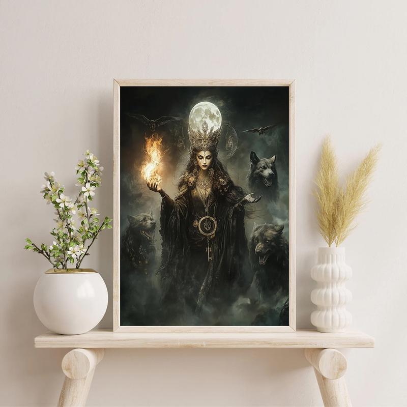 Goddess Hecate Fine Art Print,  Witchcraft Vintage Oil Painting, Frameless Gothic Fantasy Wall Art with Hellhound & Raven, Home Decor Canvas Painting Ornaments Decoration