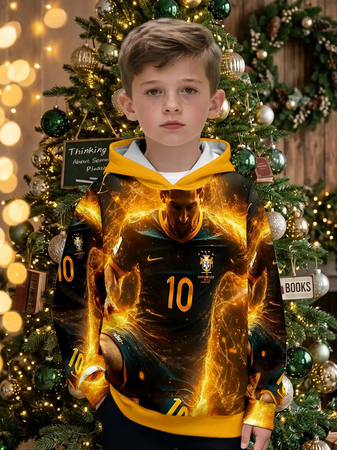 Messi 10 Golden Flame Print Hoodie for Boys, Football Fan Long Sleeve Top, Outdoor Wear, Christmas Gift, Fall & Winter Casual Sweatshirt