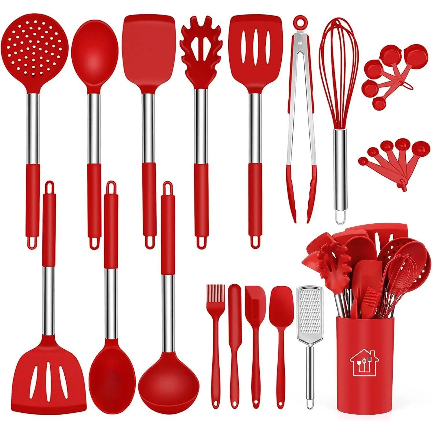 Cooking Utensil Set,Kitchen Utensils 26 count Set,Non-stick Heat Resistant ,Cookware with Stainless Steel Handle - Red