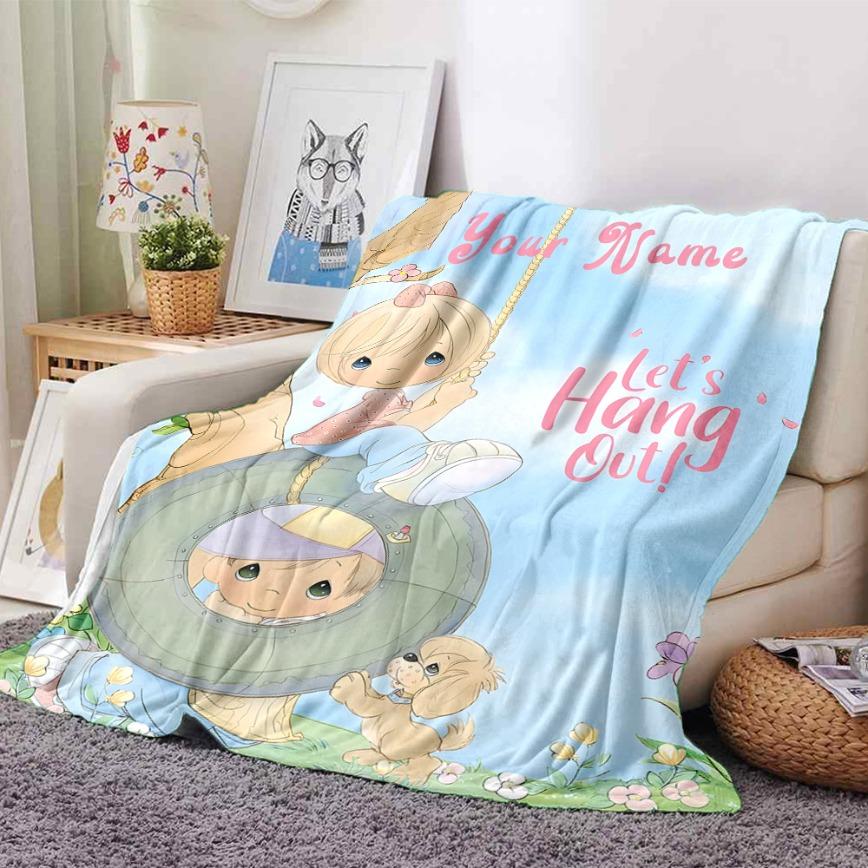 Precious Moments Custom Name Flannel Blanket Personalized Cute Angel Aesthetic Soft Warm Throw For Gamer Room Decor Dorm Essential Bed Sofa Home Holiday Gift