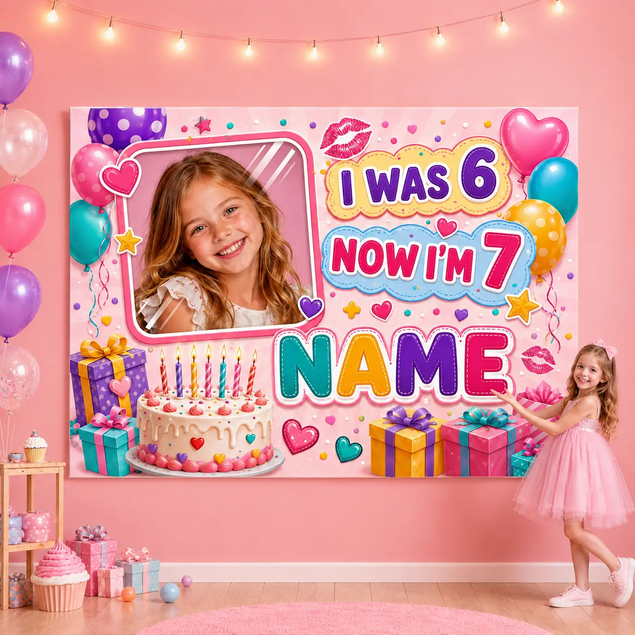 Personalized 7th Birthday Backdrop for Girls, Custom Name Photo Pink Sweet Party Banner, Age 6 to 7 Cake Balloon Decor