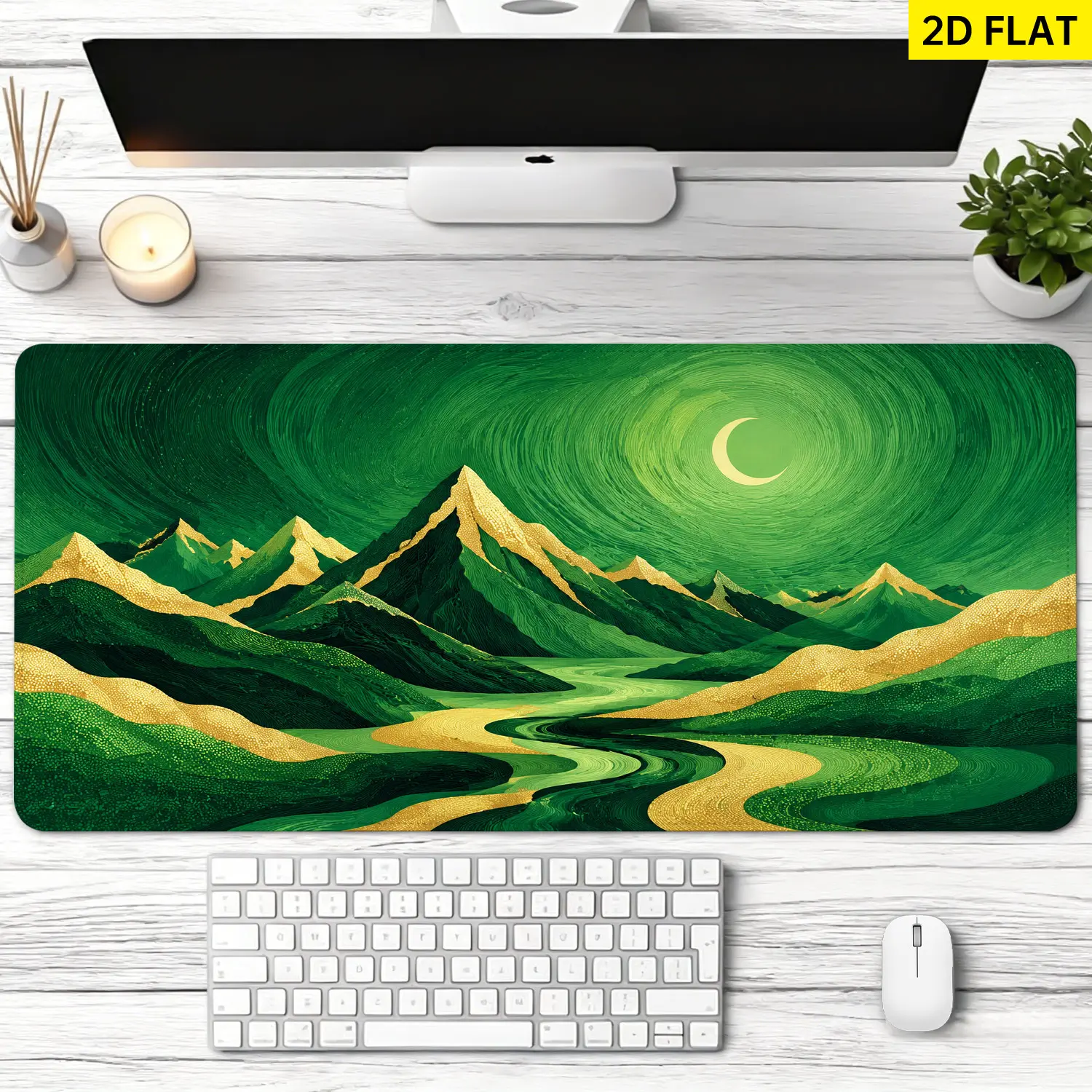 Extra Large Green Mountain & Moon Landscape Mouse Pad, Non-Slip Rubber Base, Lock Edge, Washable, Multi Size Premium Computer Desk Pad, Precise Control Gaming Mousepad for Gamers, Home Office Use, Gift for Loved Ones