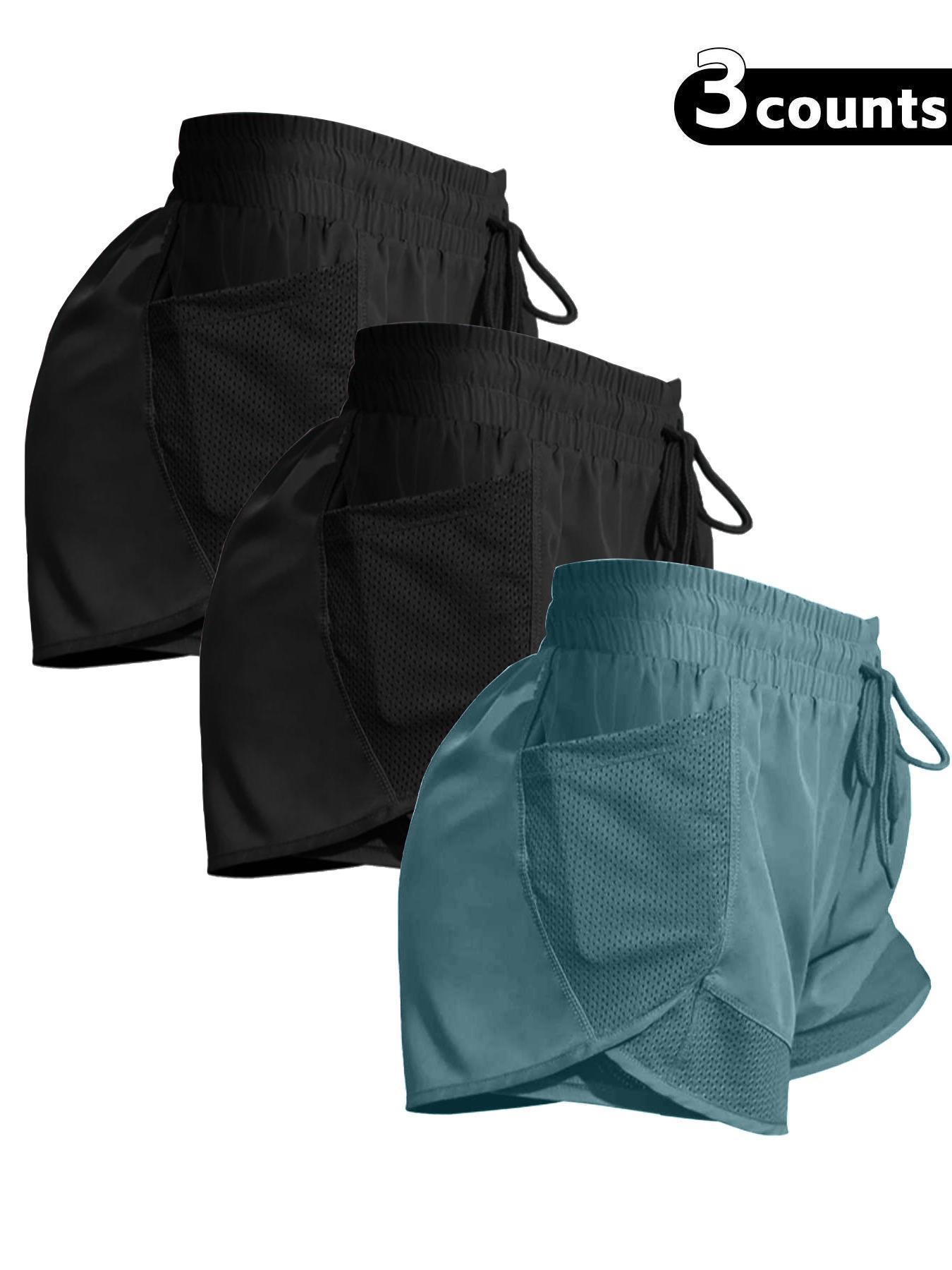 Women's Plain Pocket Drawstring Waist Sports Shorts, Gym Shorts, Sporty Quick-drying 2 in 1 Wrap Shorts, Women's Sportswear for Running Workout, Outdoor Sports Shorts