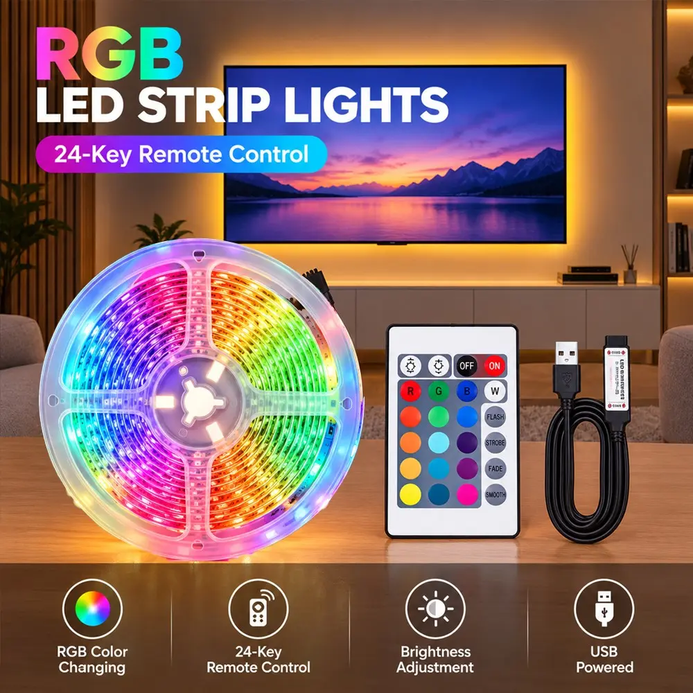 TV Backlight RGB Light Strip, 24-Key Remote, USB Powered, Color-Changing LED Flex Ambient Light, Ideal for TV, Bedroom, Living Room Decor
