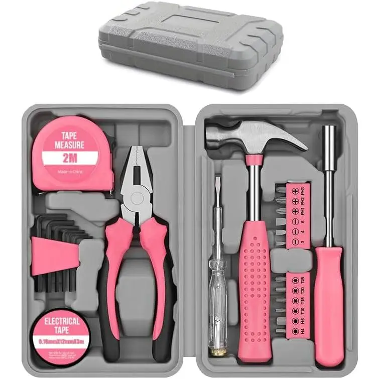 24Pcs Pink Home Repair Tool Kit for Women - Compact Mini Starter Hardware Set with Hammer, Pliers, Screwdrivers - Portable Household Hand Tools, Ideal Christmas & New Year Gift for Ladies