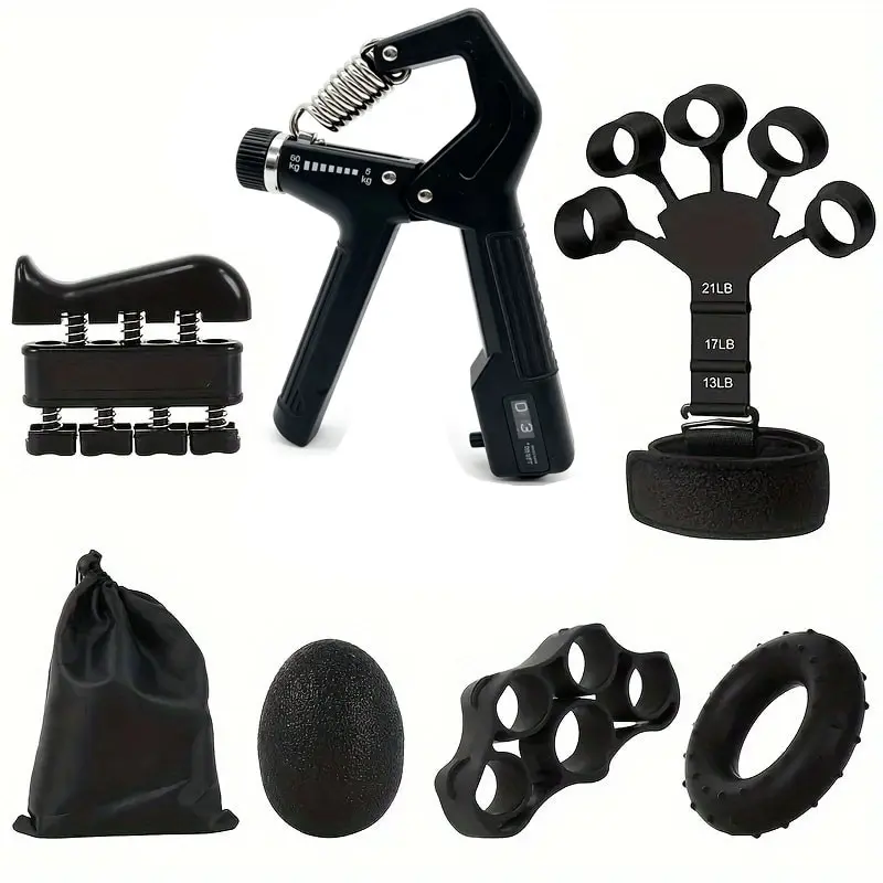 Grip Strength Trainer Set (7 Pieces), Adjustable Hand Grip Ring, Finger Exercise Tool, Large Forearm Fitness Band, Finger Stretching Device