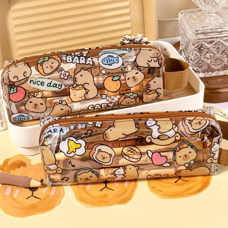 Cute Capybara Pattern Transparent Pencil Case, 1 Count Durable Lightweight Portable Pencil Bag, Stationery Storage Bag for School & Office