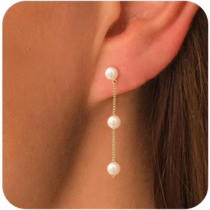 Dainty Pearl Dangle Earrings for Women - Trendy 14K Gold Plated Pearl Hypoallergenic Drop Earring Wedding Jewelry Gift