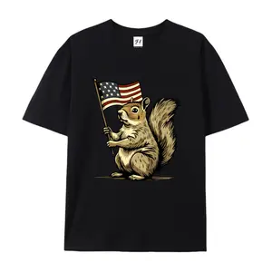 Patriotic Squirrel With American Flag Funny Graphic T-Shirt - Stars And Stripes Independence Day Tee - Regular Fit - Black Shirt With Vintage Cartoon Print - Casual All-Season Attire - Cute Animal Lover Gift For USA Holiday, Fourth Of July