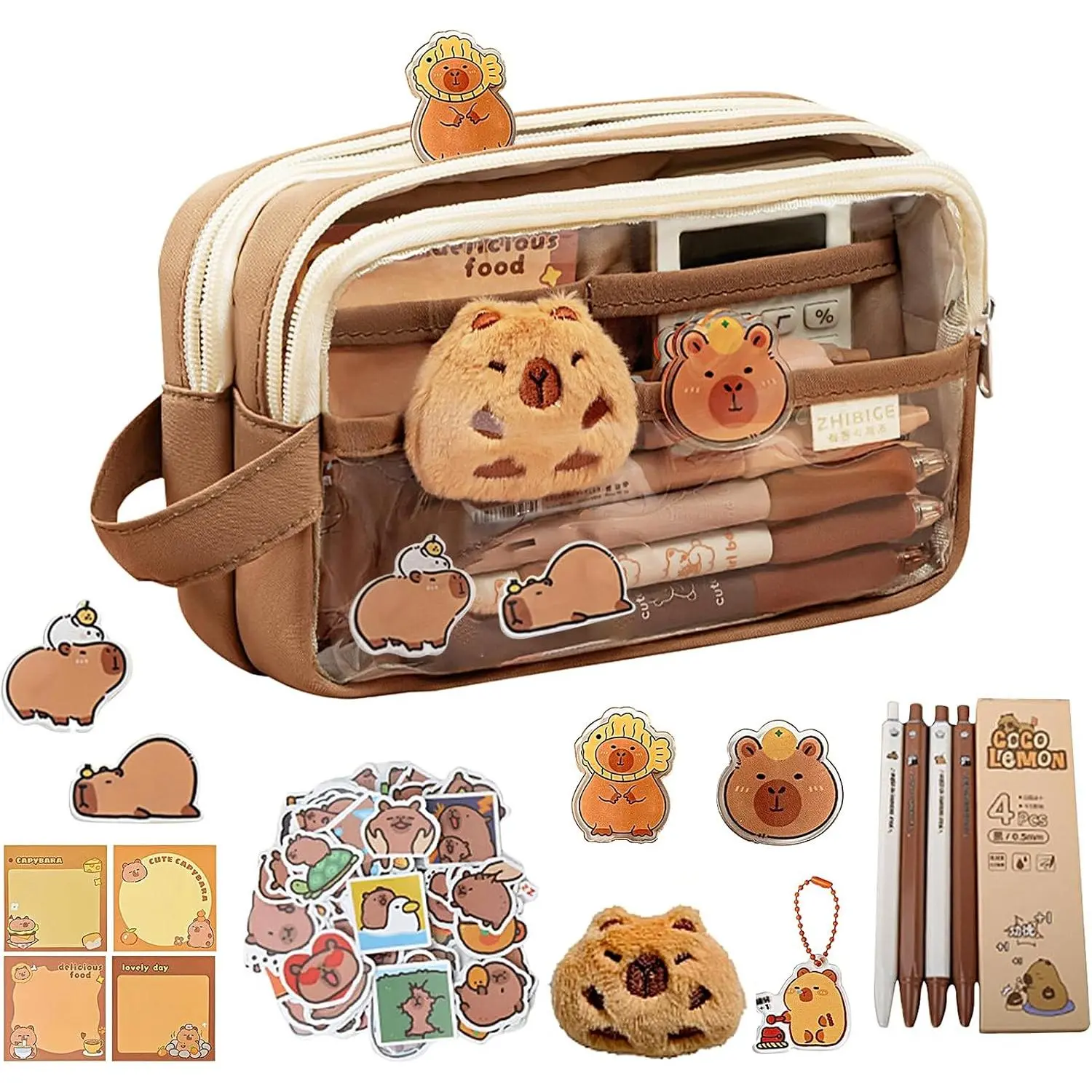 Cute Capybara Pencil Case, Stationery Pouch Set with 10 Stickers+2 Brooches+1 Doll+2 Clip+1 Notepad+1 +4 Pens, Cartuchera De Capibara