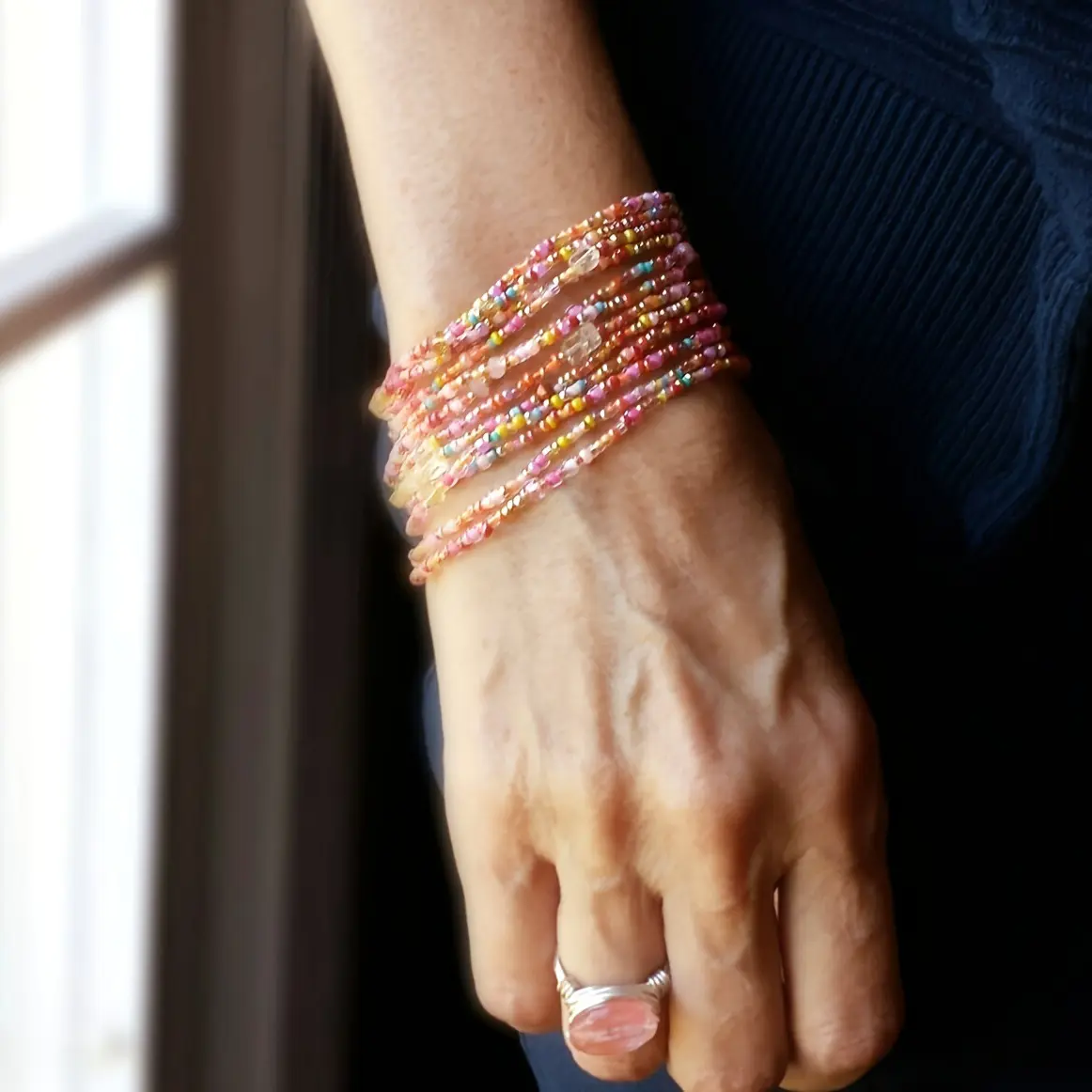 Multicolored Layered Seed Bead Strands For Daily Wear, Women’s Stretch Wrap Bracelets Featuring Soft Elastic Cord, Compact Uniform Bead Texture And Stackable Wrist Decorative Structure