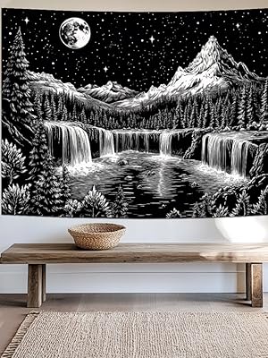 Black and White Tapestry Starry Night Mountain Tapestry Aesthetic Moon Wall Tapestry Nature Forest Tapestry Galaxy Space Tapestry Wall Hanging for Home Decor(51.2"x59.1")