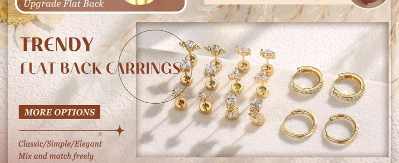 CASSIECA 20G Flat Back Earrings Cartilage Earring Sets for Multiple Piercing Surgical Stainless Steel Earrings for Women Trendy Earring Stacks Small Huggie Hoops Flatback Stud Earrings Set