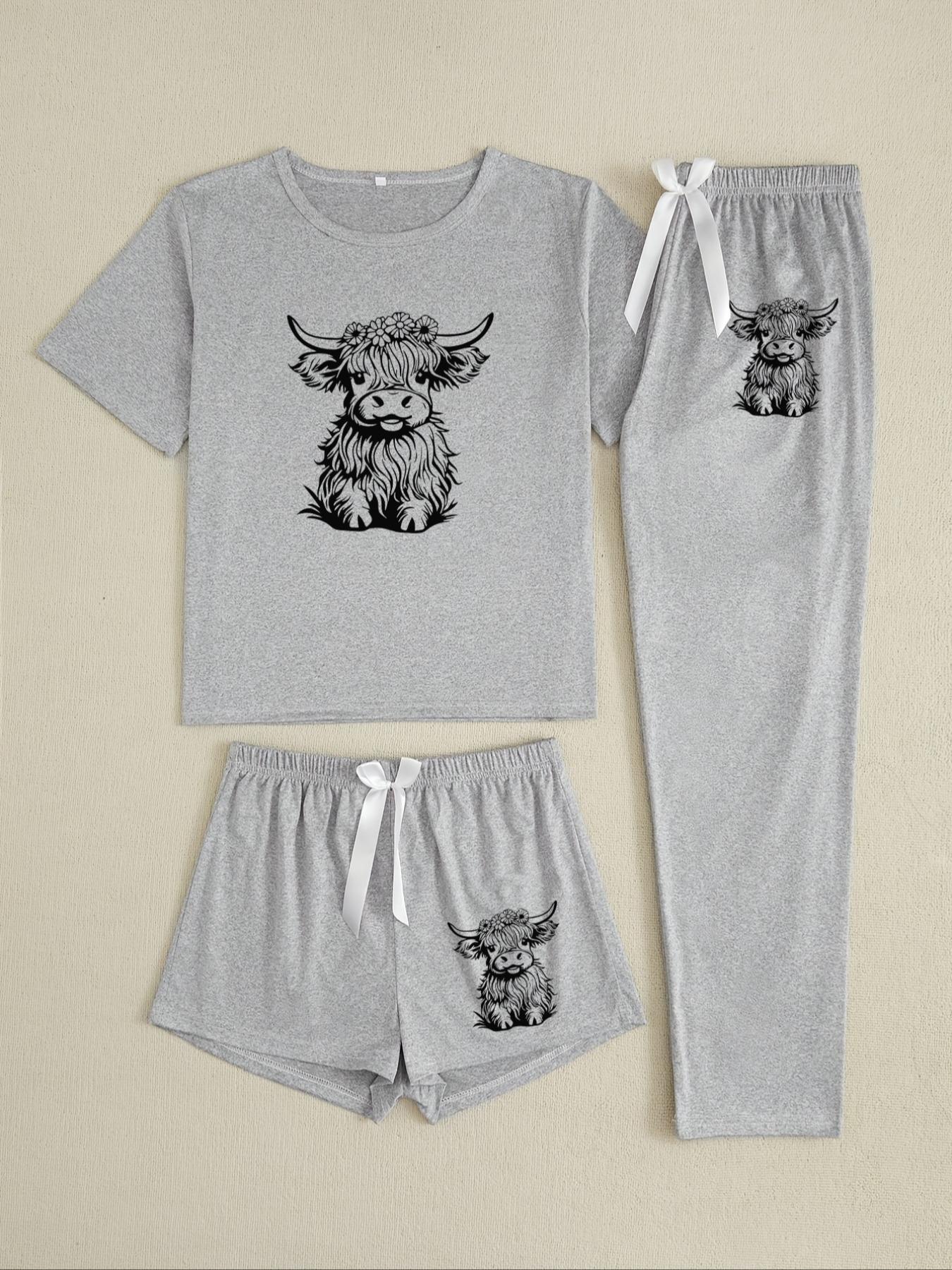 Women's Cow Print Round Neck Short Sleeve Tee & Shorts & Pants Pyjama Set, Pajamas, Casual Comfy Ladies Sleepwear for All Seasons