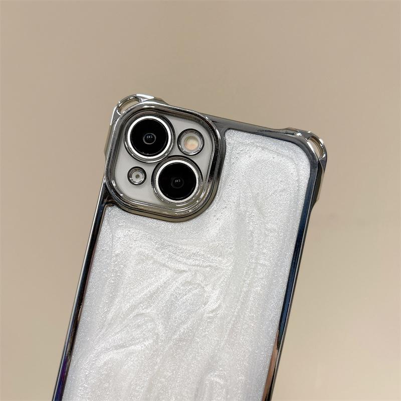 Silver Plated Four-Corner Shockproof Phone Case for iPhone 17 Pro Max 16 15 Pro Max 14 Plus 13 12, Minimalist Pearlescent White & Cement Gray Silicone Cover, Trendy Luxury for Women
