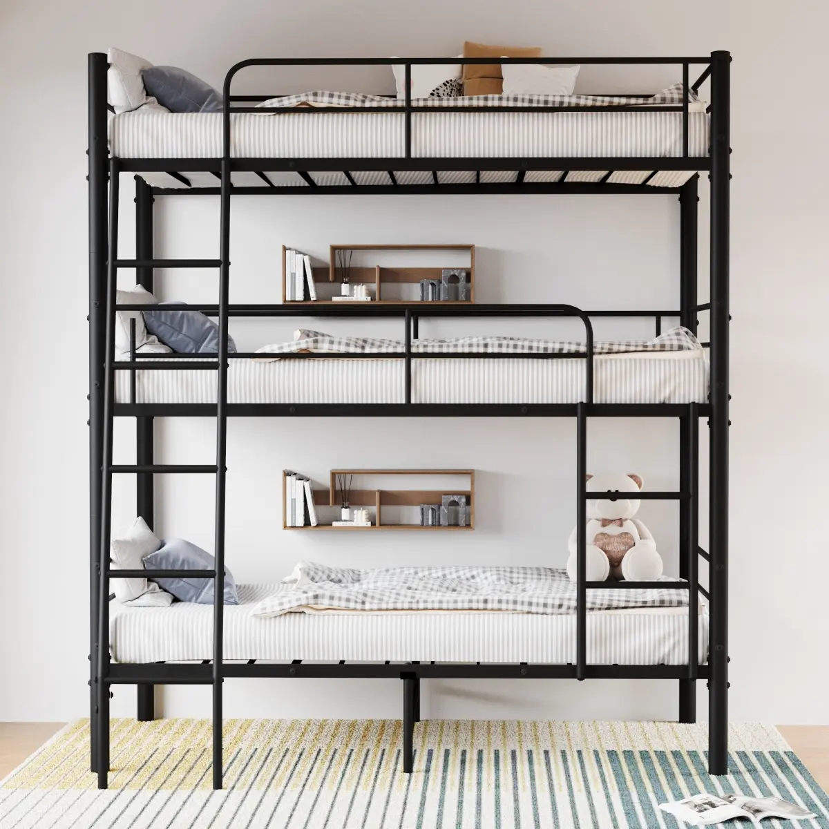 Bedroom dormitory twin size black metal triple bunk bed can be disassembled into three beds